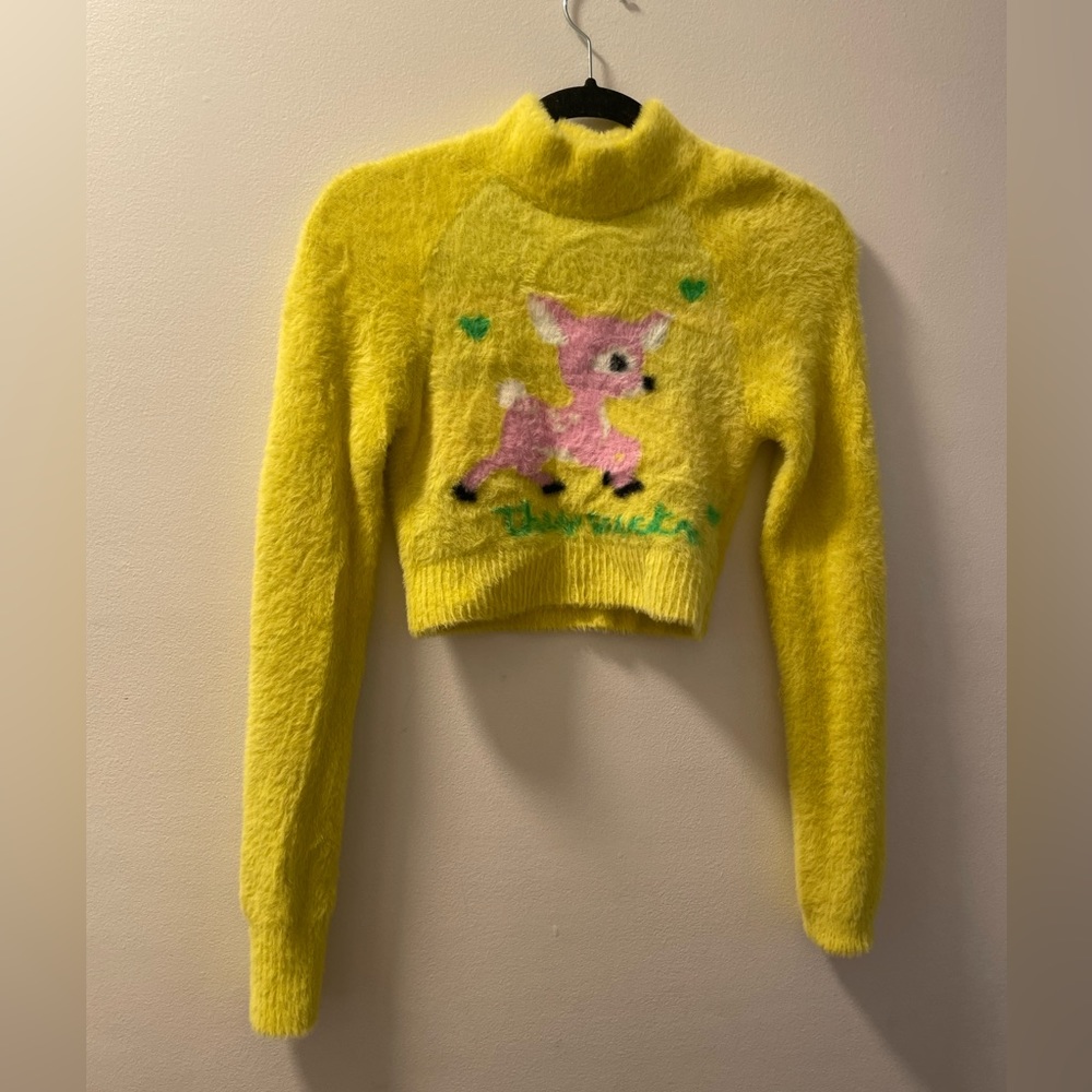 Yellow Fuzzy Crop Sweater with Pink Deer Motif